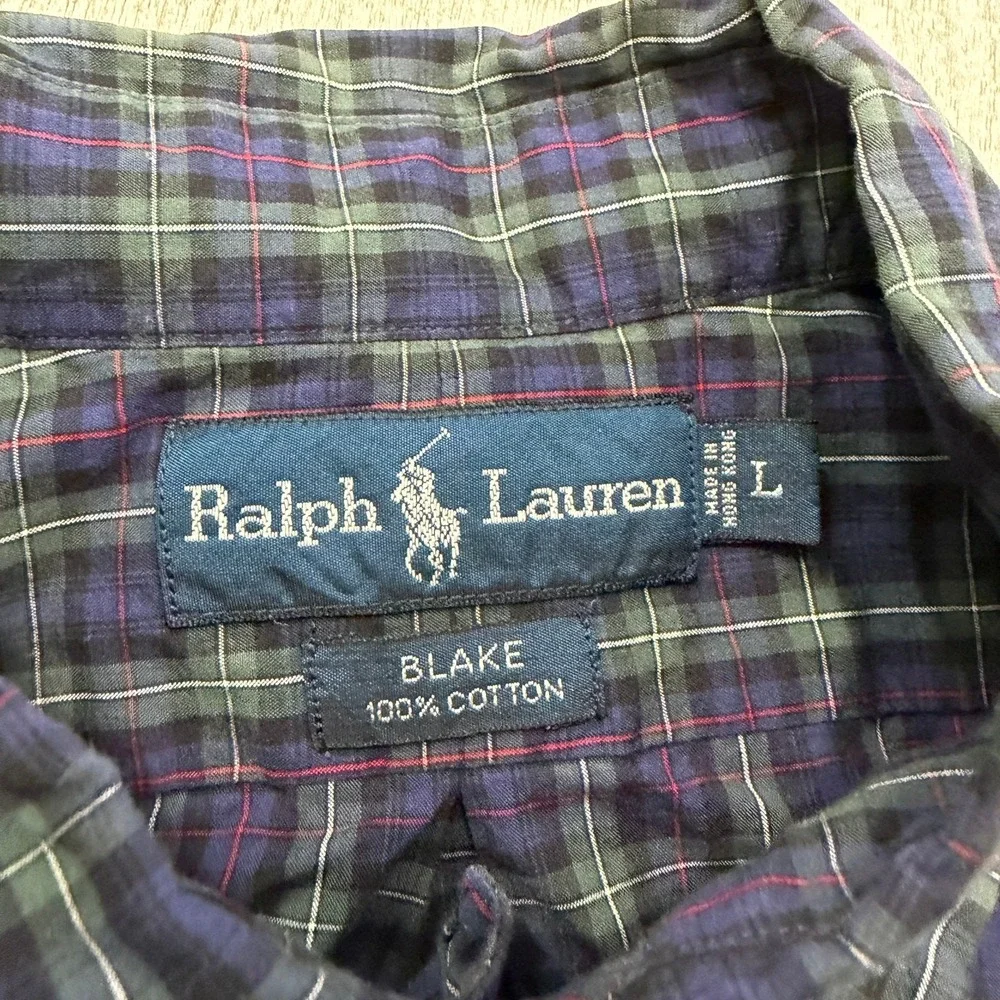 Vintage Polo Ralph Lauren Blake Shirt Men's Large Blue Green Tartan Plaid 90s